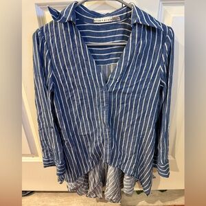 Alice + Olivia Navy and White Striped Asymmetrical Blouse